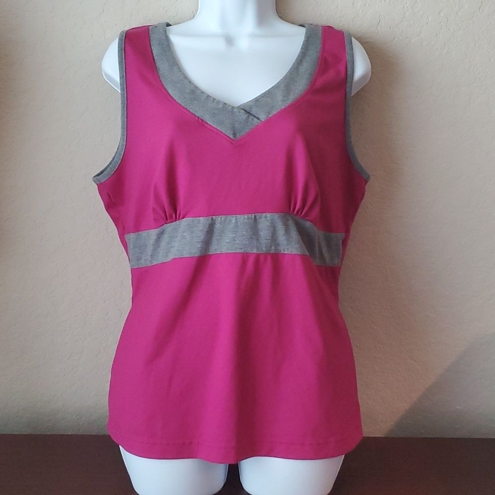 Tek Gear Women’s Large Pink & Gray V-Neck Athletic Tank Top Workout Shirt - Picture 1 of 8